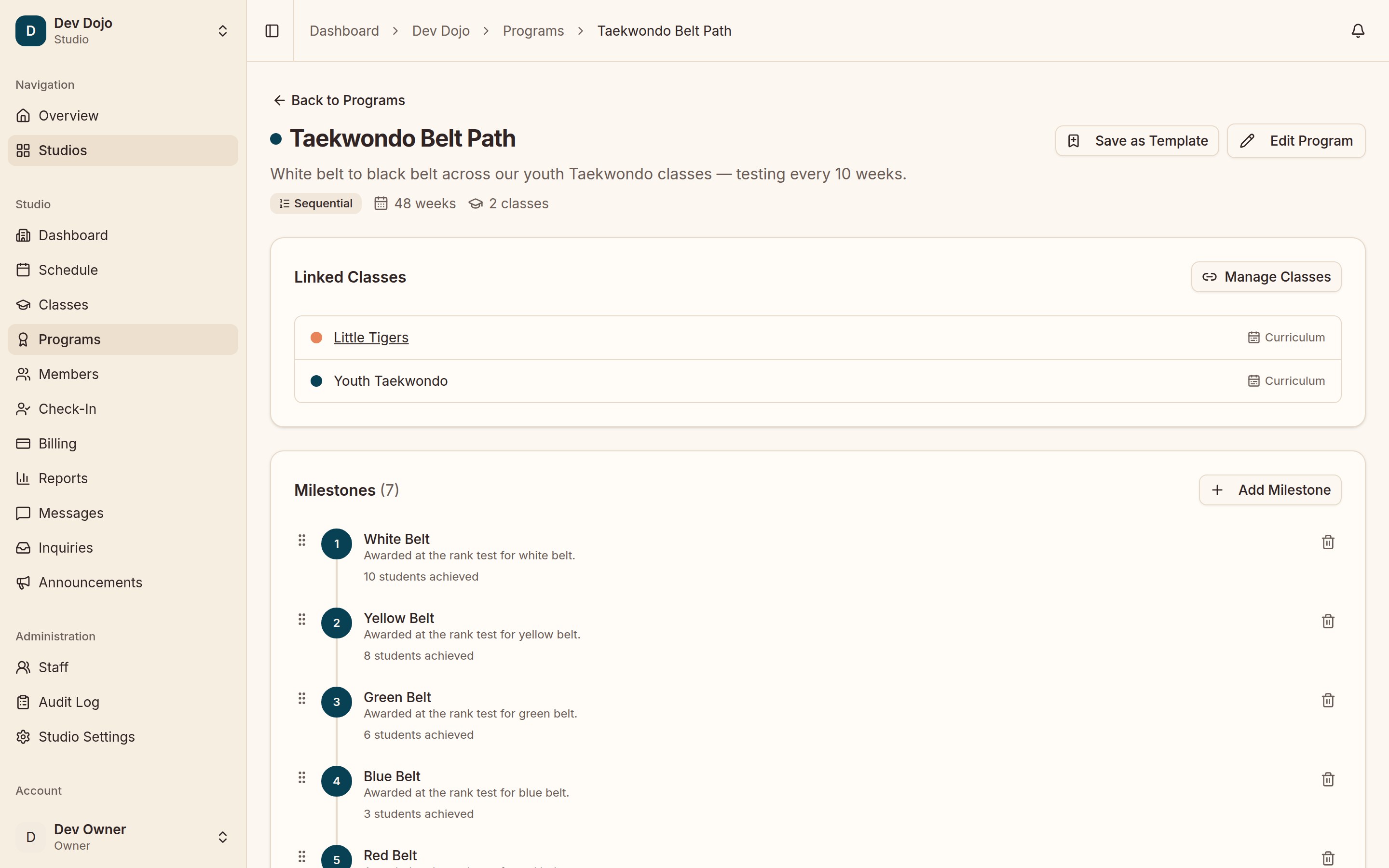 A Taekwondo belt path program: two linked classes above a numbered milestone ladder from White Belt upward, each milestone showing how many students achieved it