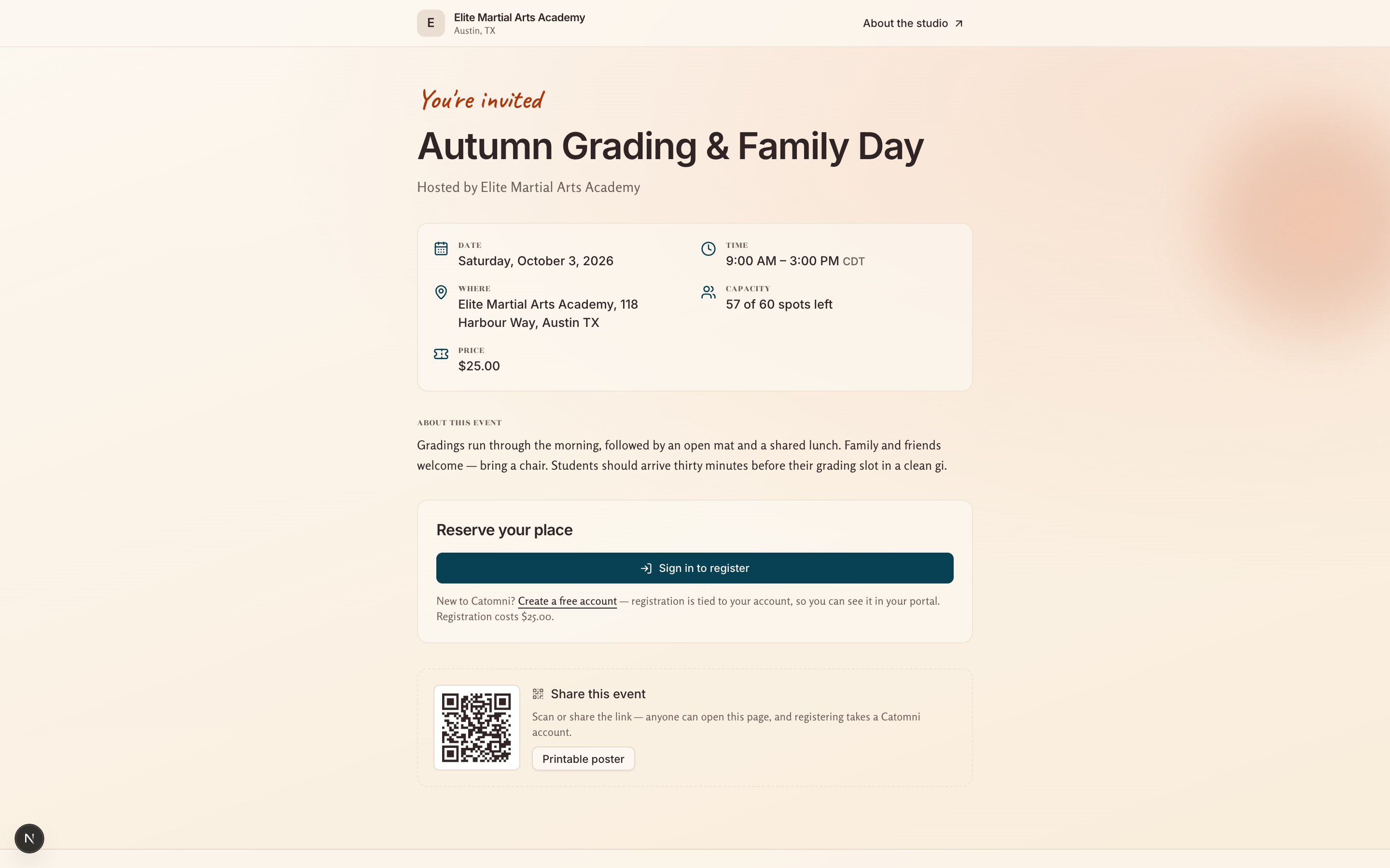 A published event page for an Autumn Grading and Family Day: date, time, location, spots left, and a $25.00 price, a description, a Reserve your place panel, and a QR code for sharing the link