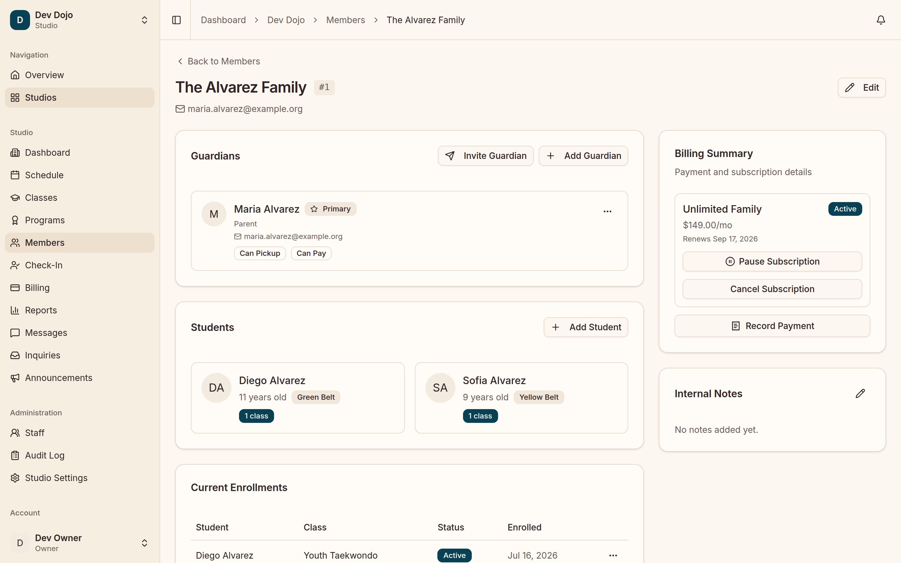 A Catomni family record: a guardian with pickup and payment permissions, two students with their ages and belts, a billing summary for the family’s membership, and current enrollments