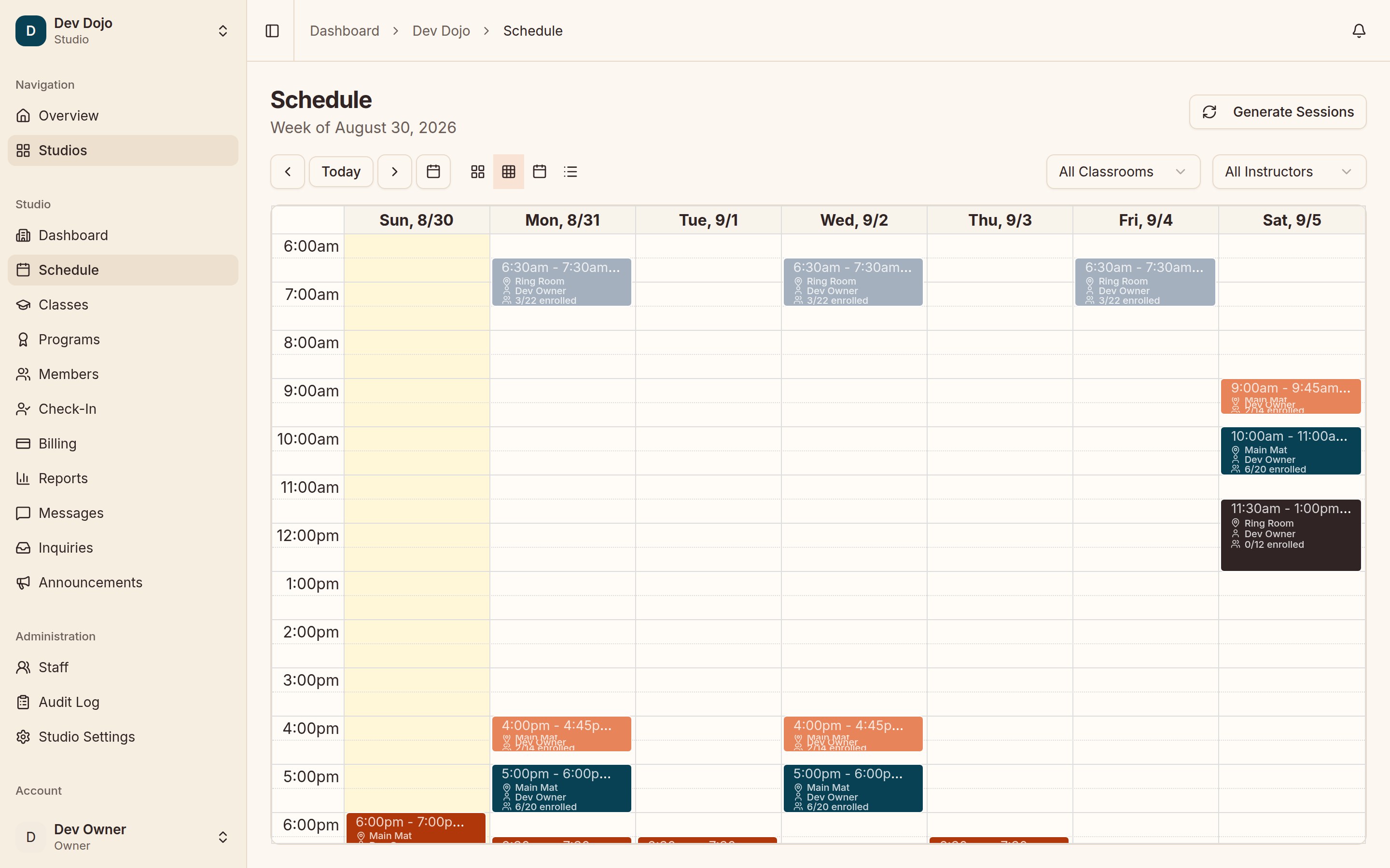 The Catomni schedule in week view: color-coded sessions across the Main Mat and Ring Room, each with its time, instructor, and enrollment, beside a Generate Sessions button